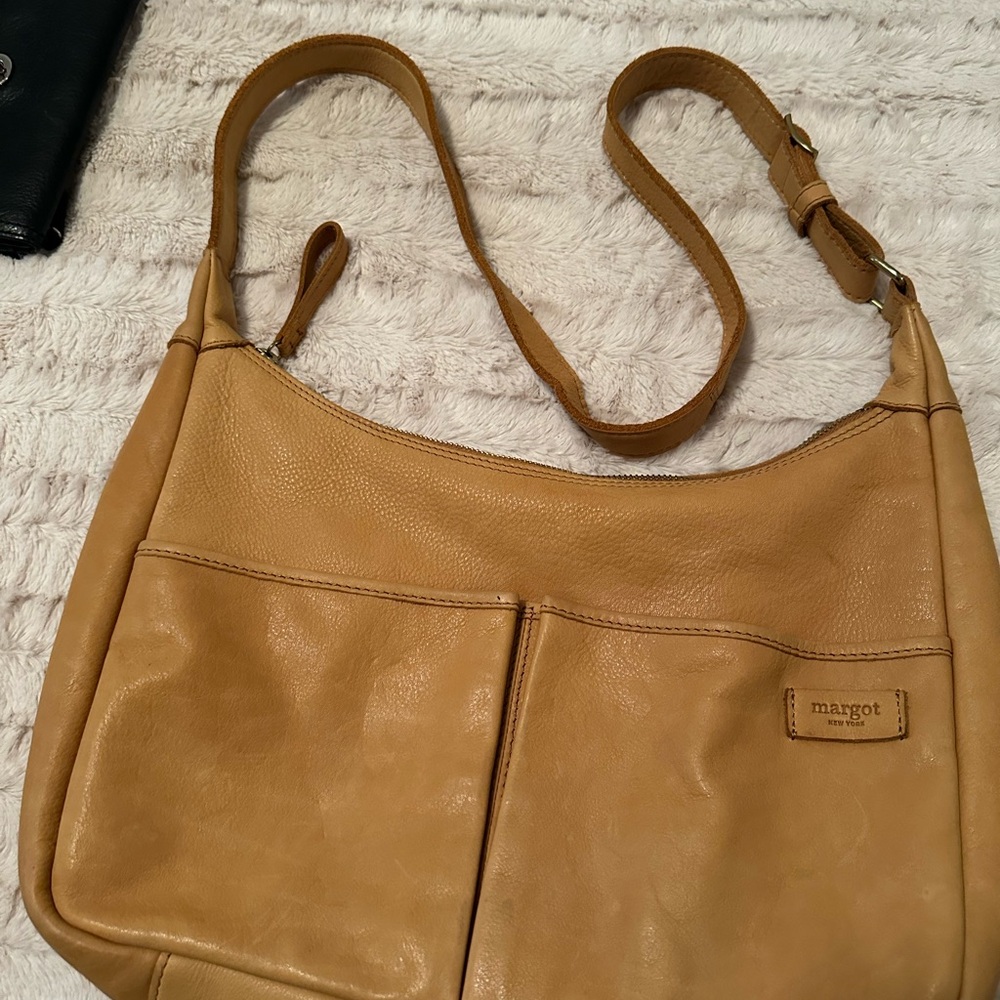 Margot New York Soft Tan Leather Shoulder Bag with Front Pockets